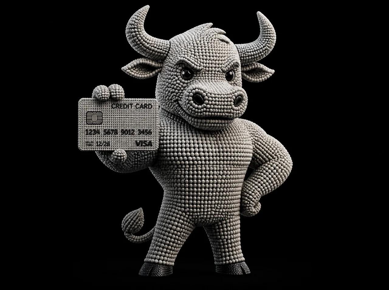 Ansem Pay bull mascot holding a prepaid Visa card